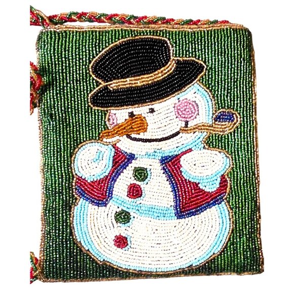 Purse Beaded Snowman Shoulder Bag Christmas Winter Green Red C. Marie 6x7" - Picture 2 of 11